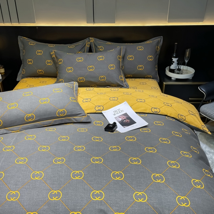 91家纺网 家纺一手货源 找家纺 金爱家 2023新款大阪纯棉生态磨毛条格简约系列四件套 维纳斯灰