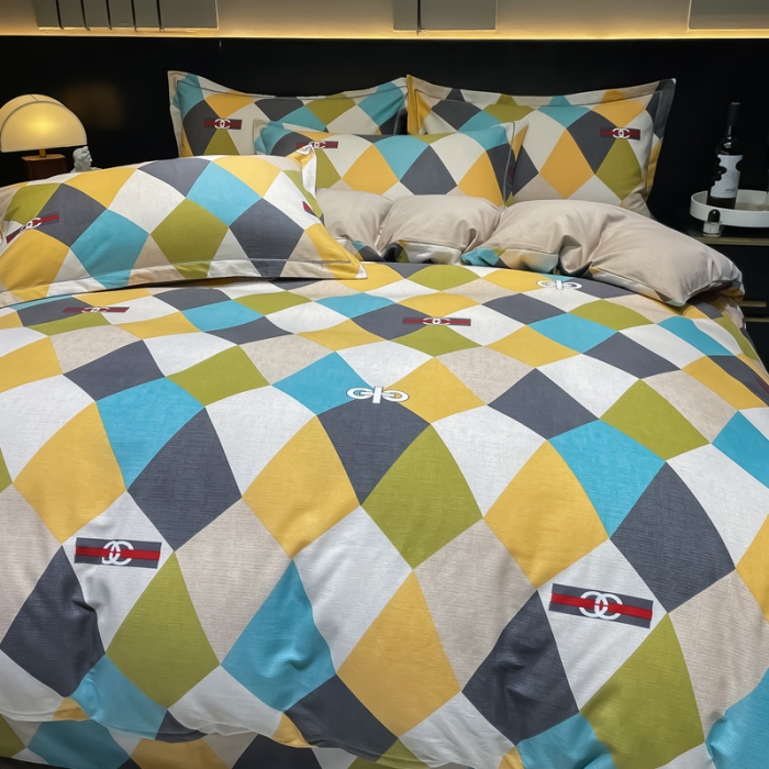 91家纺网 家纺一手货源 找家纺 金爱家 2023新款大阪纯棉生态磨毛条格简约系列四件套 清风吟-兰