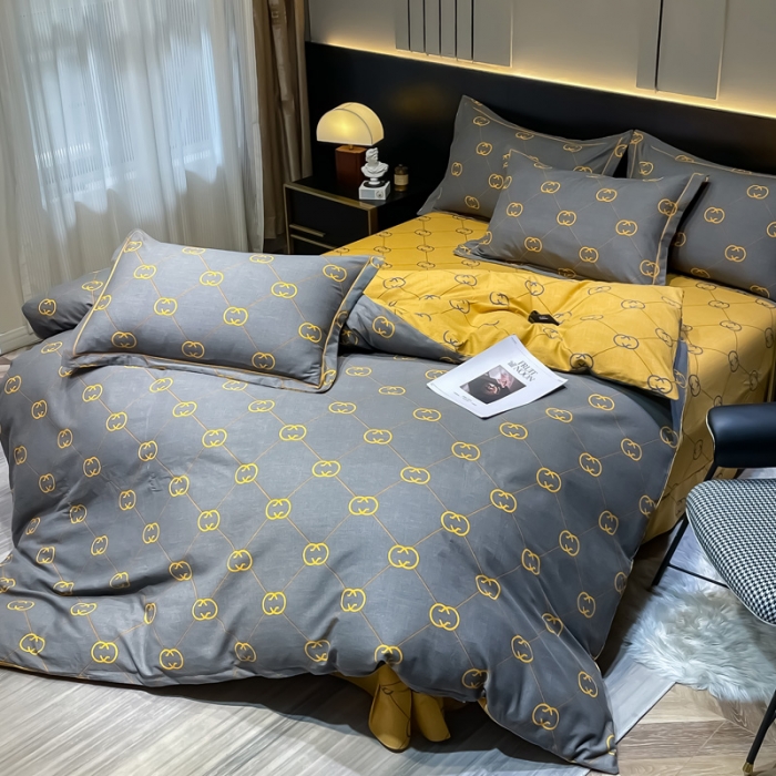 91家纺网 家纺一手货源 找家纺 金爱家 2023新款大阪纯棉生态磨毛条格简约系列四件套 维纳斯灰