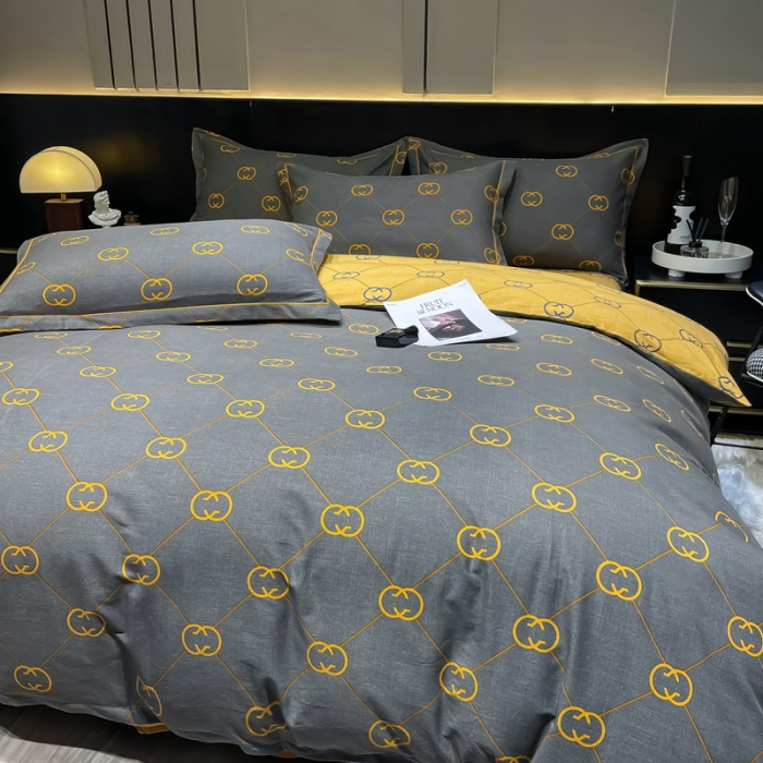 91家纺网 家纺一手货源 找家纺 金爱家 2023新款大阪纯棉生态磨毛条格简约系列四件套 维纳斯灰