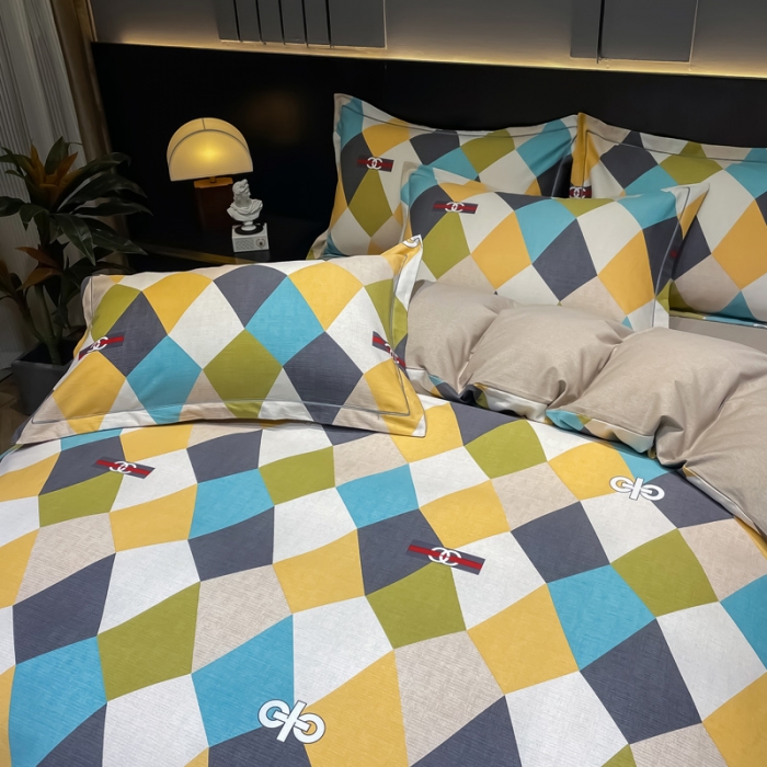 91家纺网 家纺一手货源 找家纺 金爱家 2023新款大阪纯棉生态磨毛条格简约系列四件套 清风吟-兰