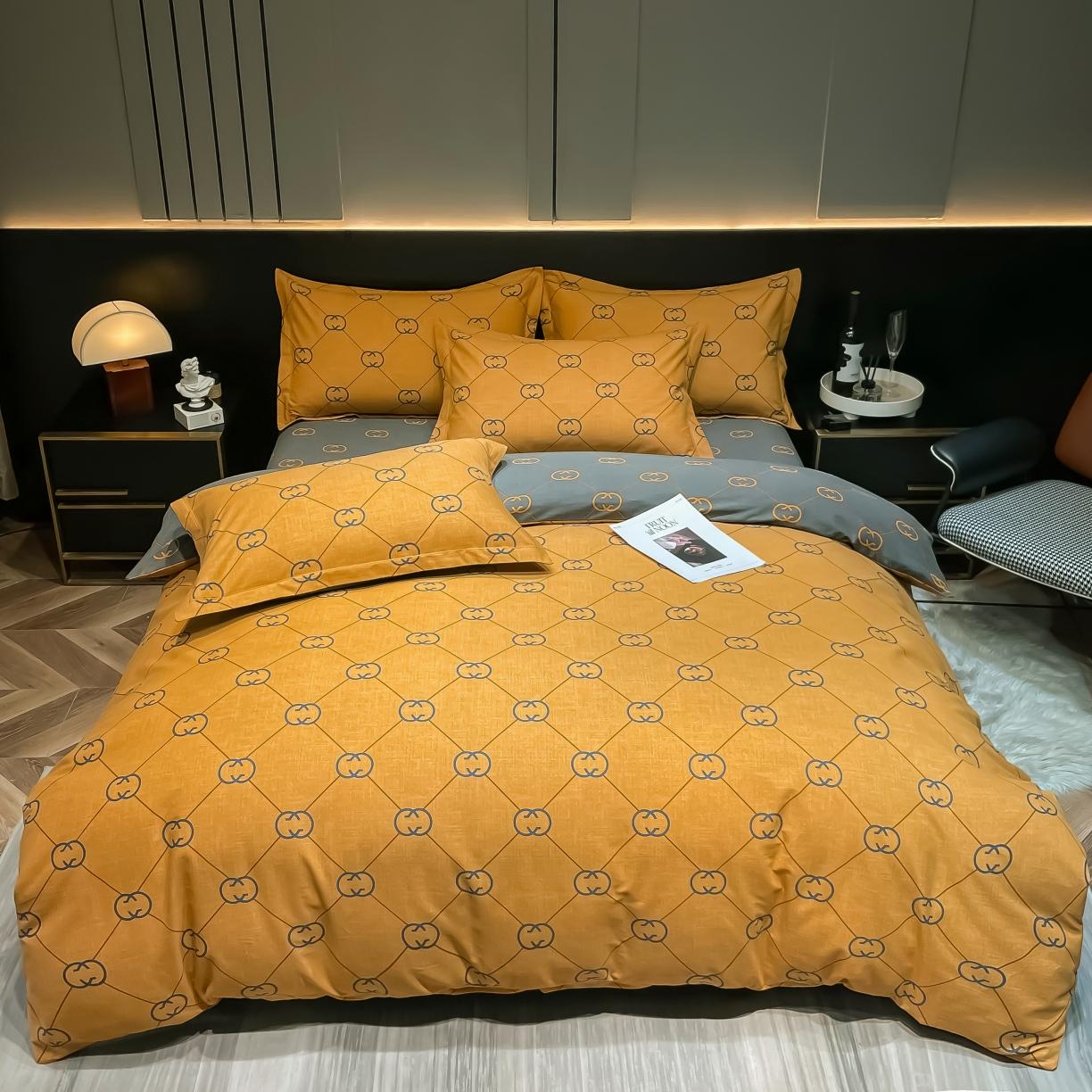 91家纺网 家纺一手货源 找家纺 金爱家 2023新款大阪纯棉生态磨毛条格简约系列四件套 维纳斯-桔