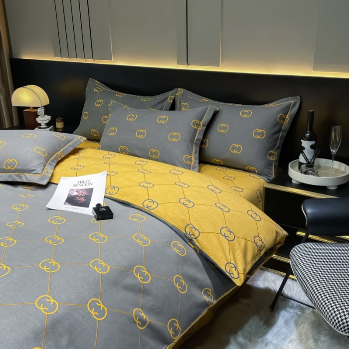 91家纺网 家纺一手货源 找家纺 金爱家 2023新款大阪纯棉生态磨毛条格简约系列四件套 维纳斯灰