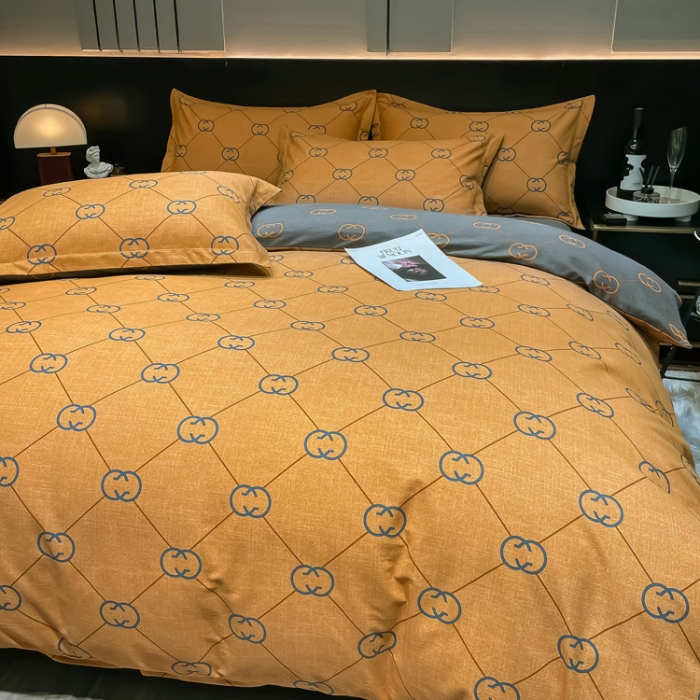 91家纺网 家纺一手货源 找家纺 金爱家 2023新款大阪纯棉生态磨毛条格简约系列四件套 维纳斯-桔