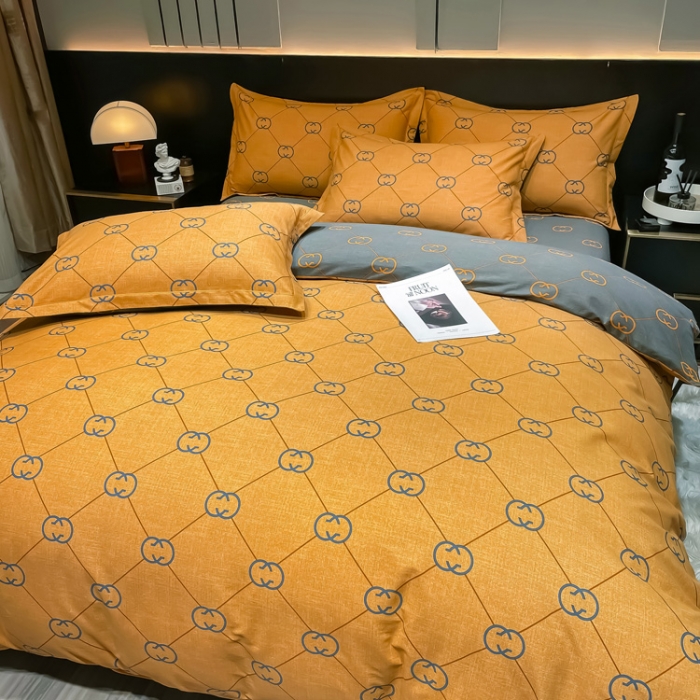 91家纺网 家纺一手货源 找家纺 金爱家 2023新款大阪纯棉生态磨毛条格简约系列四件套 维纳斯-桔