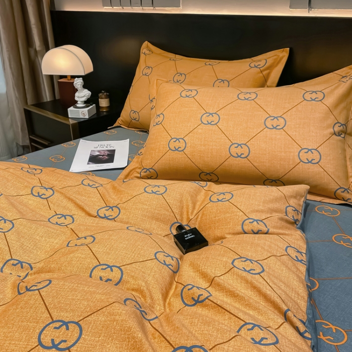 91家纺网 家纺一手货源 找家纺 金爱家 2023新款大阪纯棉生态磨毛条格简约系列四件套 维纳斯-桔