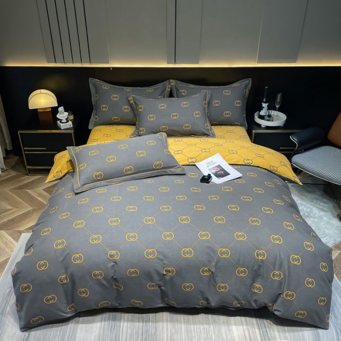 91家纺网 家纺一手货源 找家纺 金爱家 2023新款大阪纯棉生态磨毛条格简约系列四件套 维纳斯灰