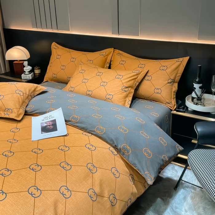 91家纺网 家纺一手货源 找家纺 金爱家 2023新款大阪纯棉生态磨毛条格简约系列四件套 维纳斯-桔