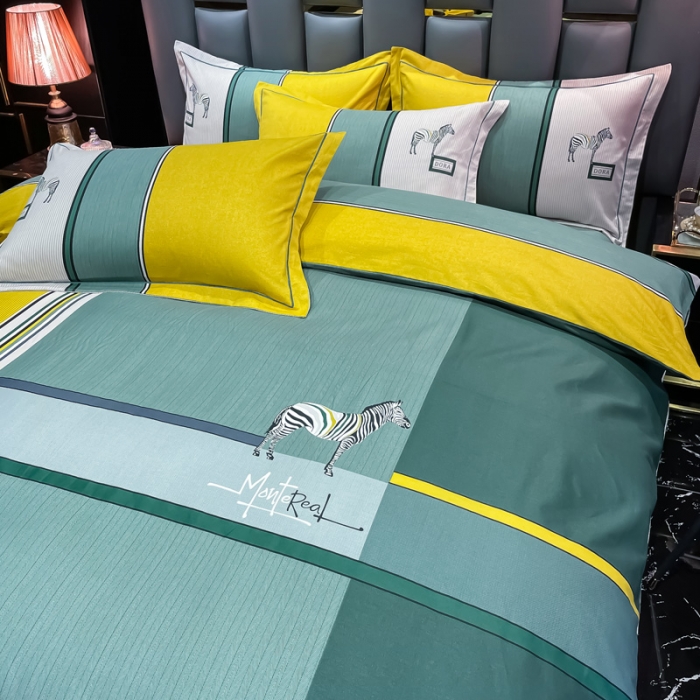 91家纺网 家纺一手货源 找家纺 金爱家 2023新款大阪纯棉生态磨毛条格简约系列四件套 伊莱斯-绿