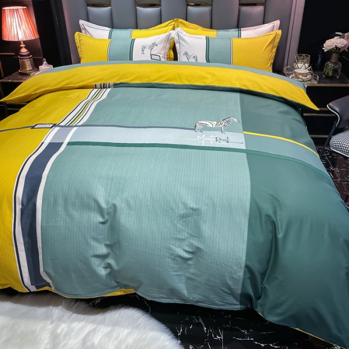 91家纺网 家纺一手货源 找家纺 金爱家 2023新款大阪纯棉生态磨毛条格简约系列四件套 伊莱斯-绿