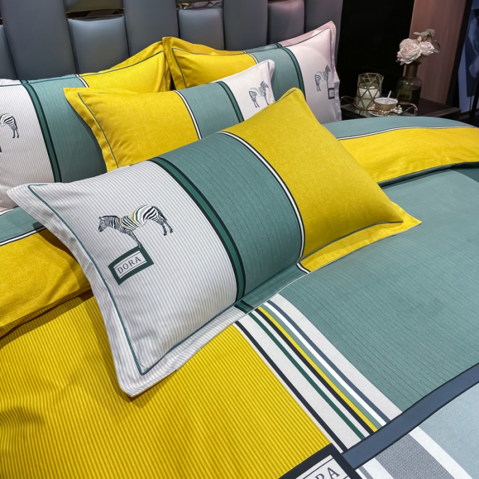 91家纺网 家纺一手货源 找家纺 金爱家 2023新款大阪纯棉生态磨毛条格简约系列四件套 伊莱斯-绿