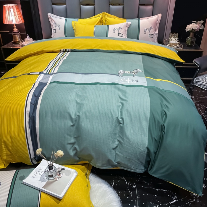 91家纺网 家纺一手货源 找家纺 金爱家 2023新款大阪纯棉生态磨毛条格简约系列四件套 伊莱斯-绿