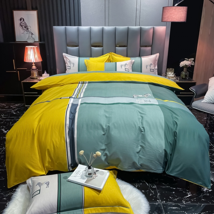 91家纺网 家纺一手货源 找家纺 金爱家 2023新款大阪纯棉生态磨毛条格简约系列四件套 伊莱斯-绿