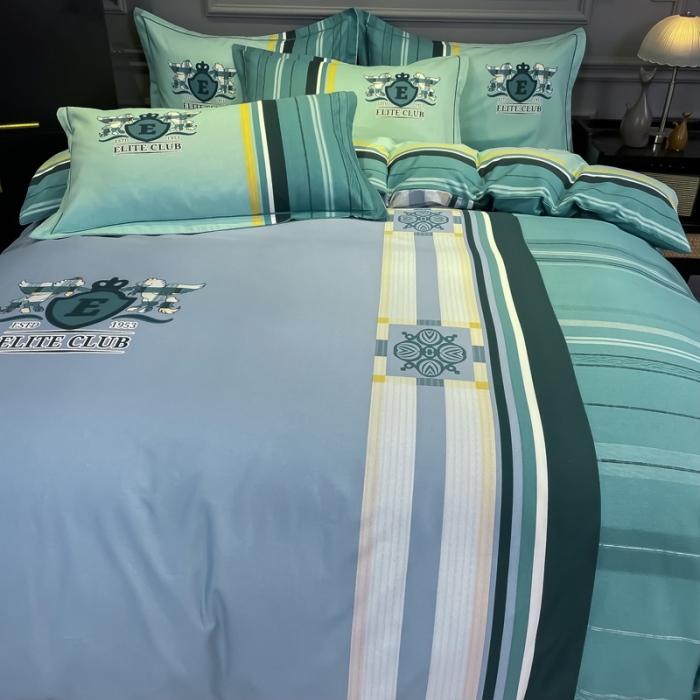 91家纺网 家纺一手货源 找家纺 金爱家 2023新款大阪纯棉生态磨毛条格简约系列四件套 韵律-灰