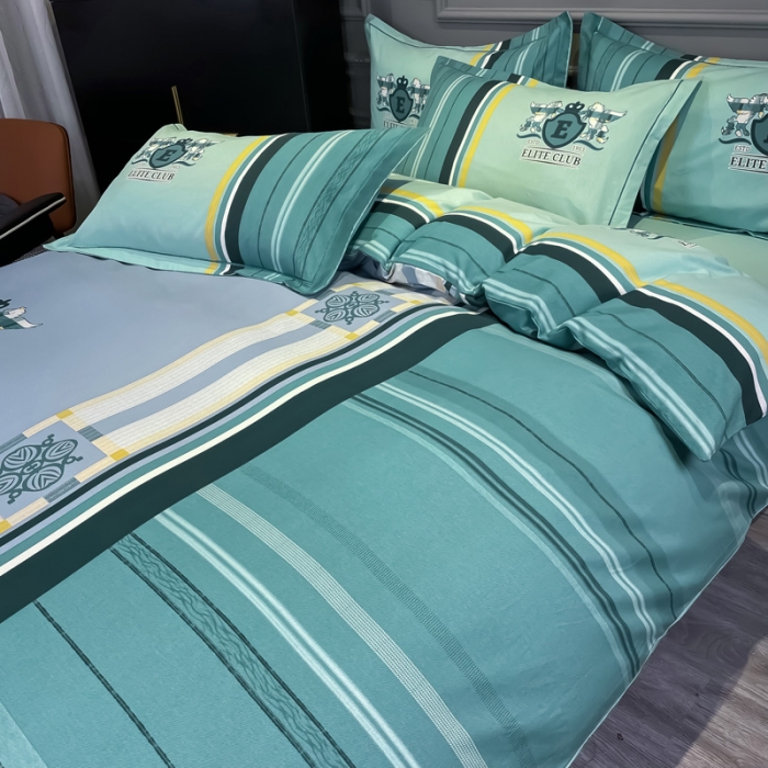 91家纺网 家纺一手货源 找家纺 金爱家 2023新款大阪纯棉生态磨毛条格简约系列四件套 韵律-灰