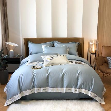 91家纺网 家纺一手货源 找家纺 优然居家纺 2022新款100支贡缎刺绣四件套-马里奥系列 玛里奥.布鲁蓝