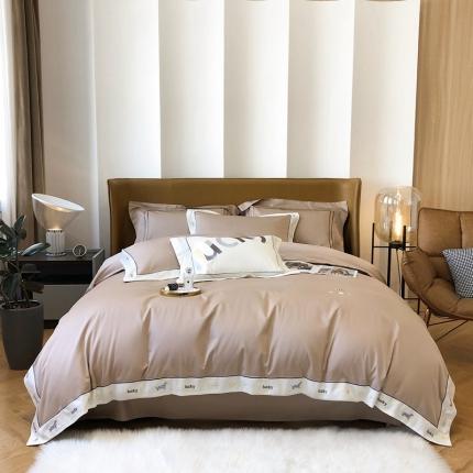 91家纺网 家纺一手货源 找家纺 优然居家纺 2022新款100支贡缎刺绣四件套-马里奥系列 玛里奥.马鞍棕