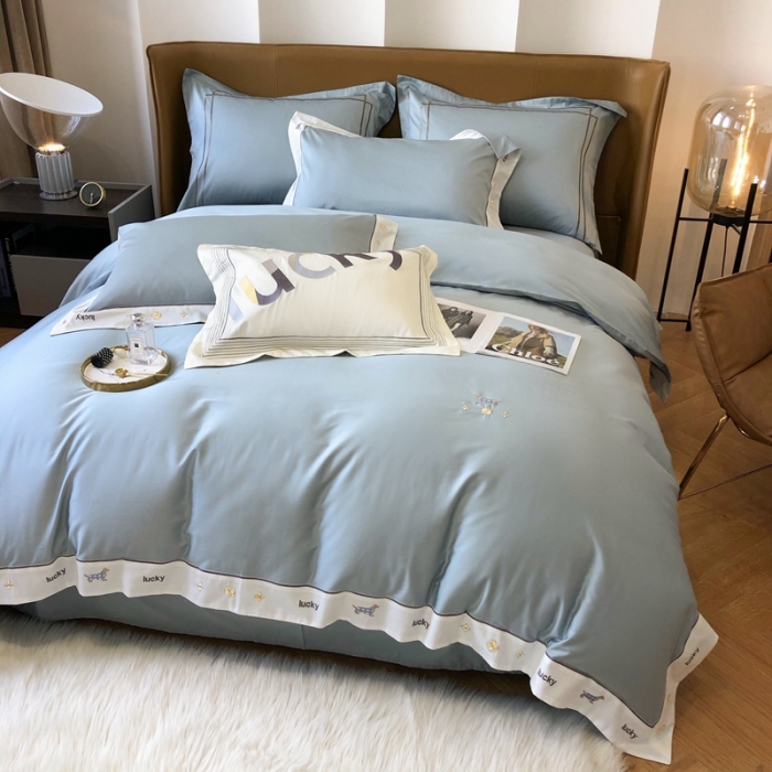 91家纺网 家纺一手货源 找家纺 优然居家纺 2022新款100支贡缎刺绣四件套-马里奥系列 玛里奥.布鲁蓝