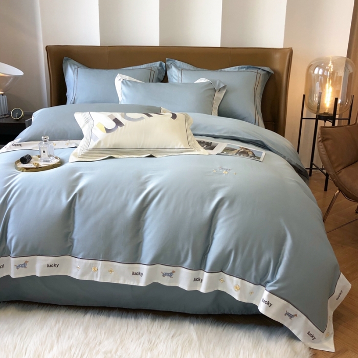 91家纺网 家纺一手货源 找家纺 优然居家纺 2022新款100支贡缎刺绣四件套-马里奥系列 玛里奥.布鲁蓝