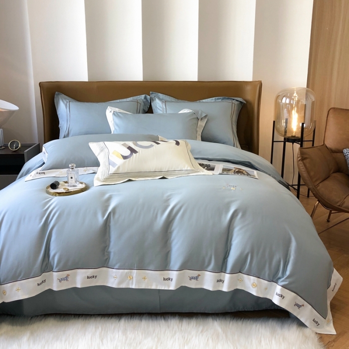 91家纺网 家纺一手货源 找家纺 优然居家纺 2022新款100支贡缎刺绣四件套-马里奥系列 玛里奥.布鲁蓝