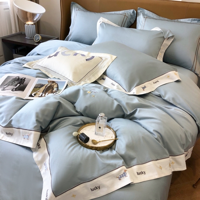 91家纺网 家纺一手货源 找家纺 优然居家纺 2022新款100支贡缎刺绣四件套-马里奥系列 玛里奥.布鲁蓝