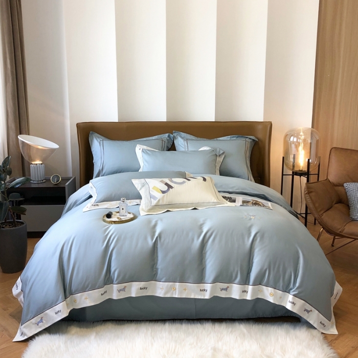 91家纺网 家纺一手货源 找家纺 优然居家纺 2022新款100支贡缎刺绣四件套-马里奥系列 玛里奥.布鲁蓝