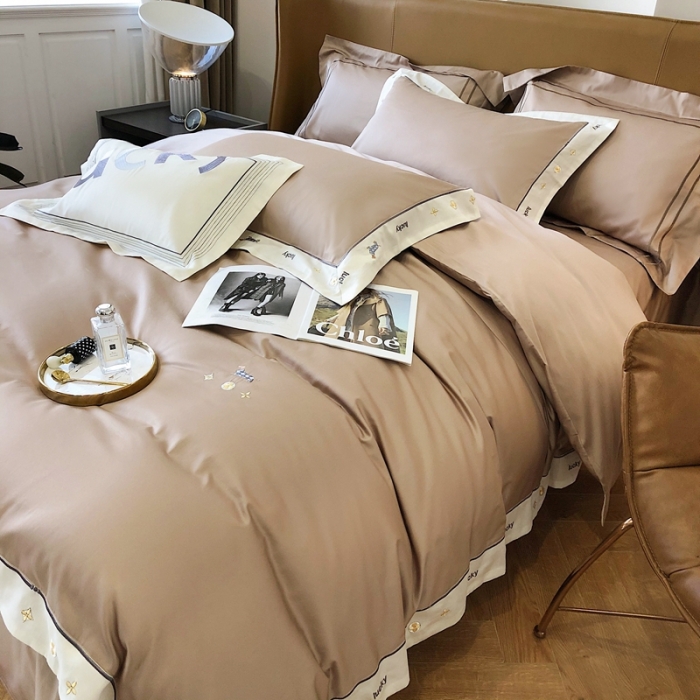 91家纺网 家纺一手货源 找家纺 优然居家纺 2022新款100支贡缎刺绣四件套-马里奥系列 玛里奥.马鞍棕