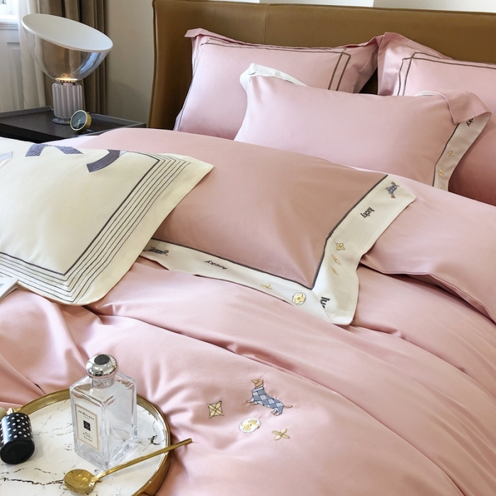 91家纺网 家纺一手货源 找家纺 优然居家纺 2022新款100支贡缎刺绣四件套-马里奥系列 玛里奥.欧陆粉