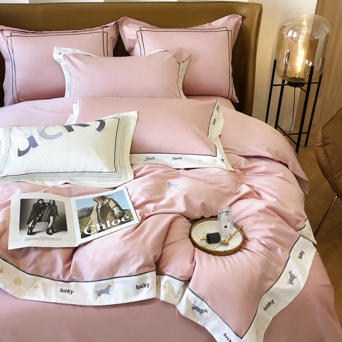 91家纺网 家纺一手货源 找家纺 优然居家纺 2022新款100支贡缎刺绣四件套-马里奥系列 玛里奥.欧陆粉