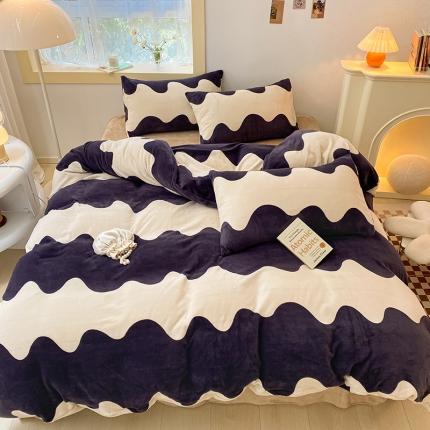 91家纺网 家纺一手货源 找家纺 桃子家居2022新款ins波浪泡泡加厚牛奶绒系列四件套 深蓝波浪