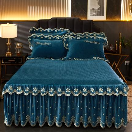 恒爱 2022新款秋冬轻奢宝宝绒刺绣单床裙 宾利蓝