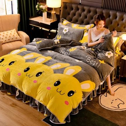 91家纺网 家纺一手货源 找家纺 2025新款230克8.5斤加厚高克重牛奶绒金貂绒法莱绒四件套冬季加绒法兰绒床裙款 欢乐兔