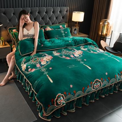 91家纺网 家纺一手货源 找家纺 22新款9斤重加厚直播爆款牛奶绒金貂法莱绒四件套吉祥如意-绿