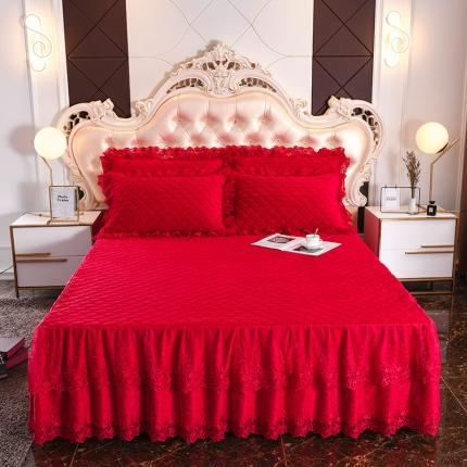 恒爱 2022秋冬水晶绒翩翩花舞夹棉床裙四件套 大红色