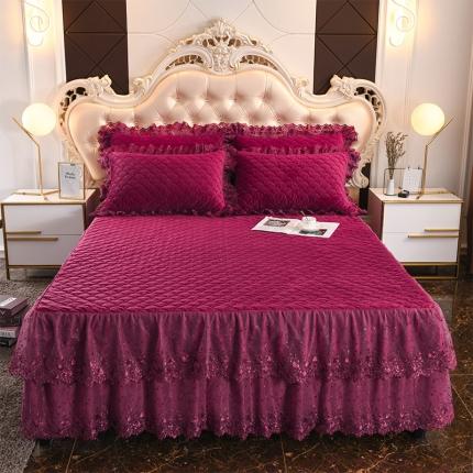 恒爱 2022秋冬水晶绒翩翩花舞夹棉床裙四件套 拉菲红