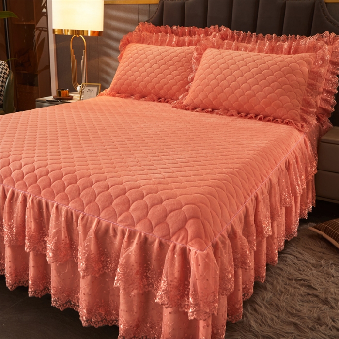 91家纺网 家纺一手货源 找家纺 恒爱 2022秋冬水晶绒翩翩花舞夹棉单床裙 桔色