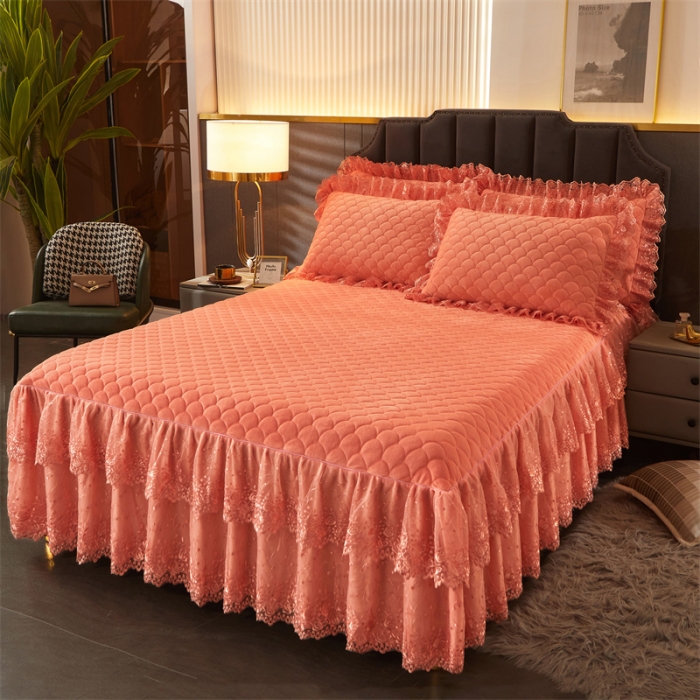 91家纺网 家纺一手货源 找家纺 恒爱 2022秋冬水晶绒翩翩花舞夹棉单床裙 桔色