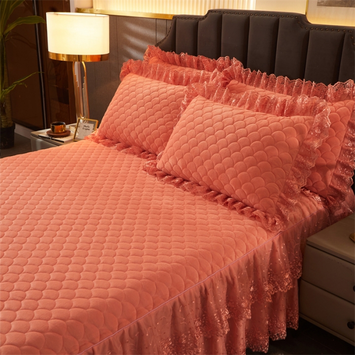 91家纺网 家纺一手货源 找家纺 恒爱 2022秋冬水晶绒翩翩花舞夹棉单床裙 桔色