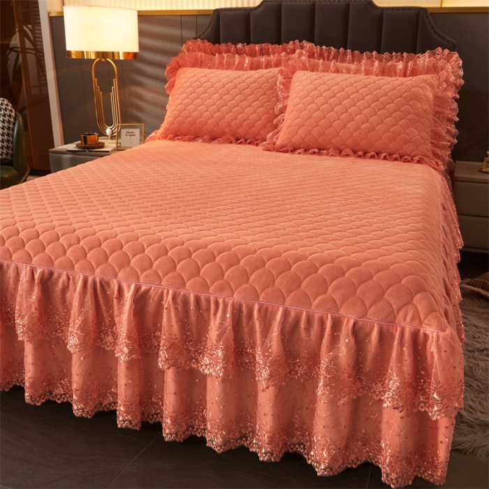 91家纺网 家纺一手货源 找家纺 恒爱 2022秋冬水晶绒翩翩花舞夹棉单床裙 桔色