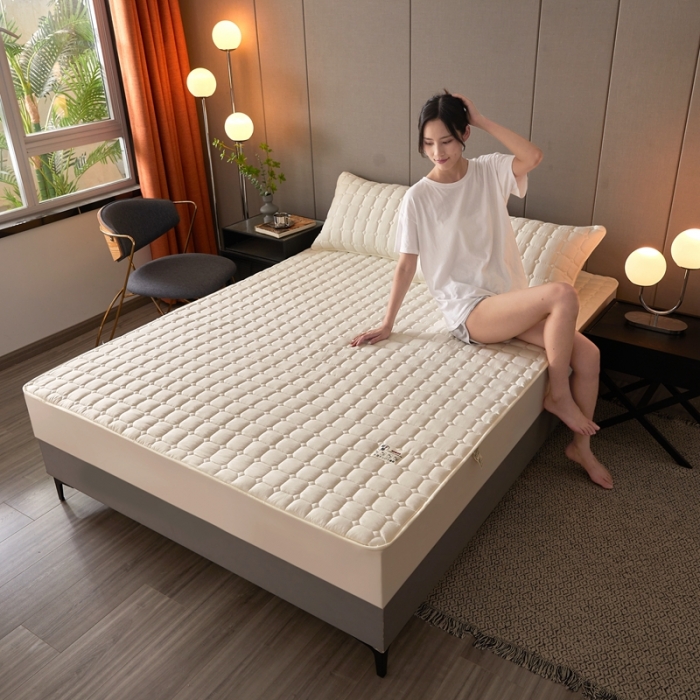 91家纺网 家纺一手货源 找家纺 初心家纺 2022新款A类加密原棉夹棉床笠单品及三件套 米白色