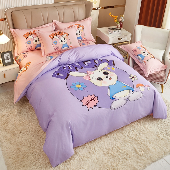 91家纺网 家纺一手货源 找家纺 雲归梦 2022年新款加厚全棉大版四件套第二批-花卉 邻家兔-紫