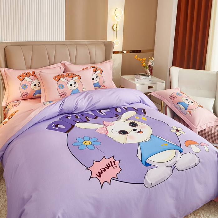 91家纺网 家纺一手货源 找家纺 雲归梦 2022年新款加厚全棉大版四件套第二批-花卉 邻家兔-紫