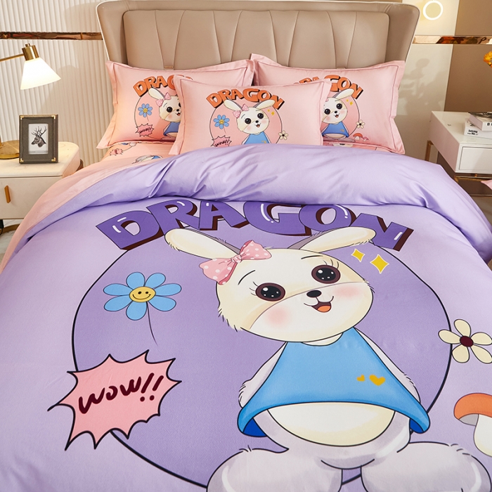 91家纺网 家纺一手货源 找家纺 雲归梦 2022年新款加厚全棉大版四件套第二批-花卉 邻家兔-紫