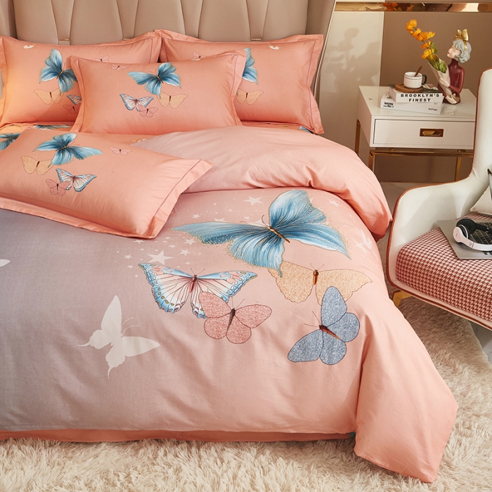 91家纺网 家纺一手货源 找家纺 雲归梦 2022年新款加厚全棉大版四件套第二批-花卉 翩翩起舞-粉