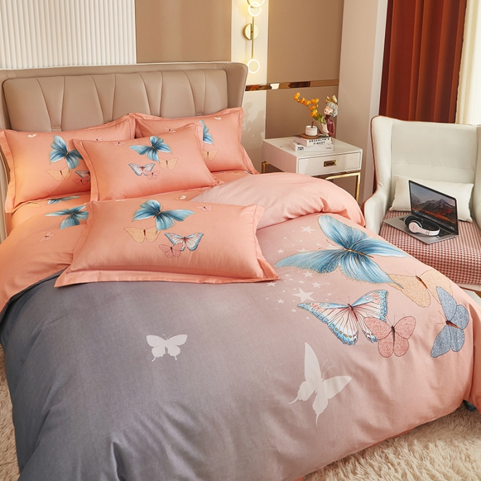 91家纺网 家纺一手货源 找家纺 雲归梦 2022年新款加厚全棉大版四件套第二批-花卉 翩翩起舞-粉