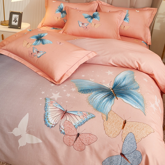 91家纺网 家纺一手货源 找家纺 雲归梦 2022年新款加厚全棉大版四件套第二批-花卉 翩翩起舞-粉