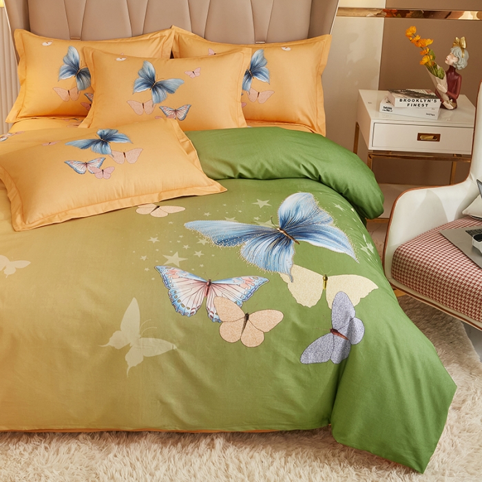 91家纺网 家纺一手货源 找家纺 雲归梦 2022年新款加厚全棉大版四件套第二批-花卉 翩翩起舞-绿