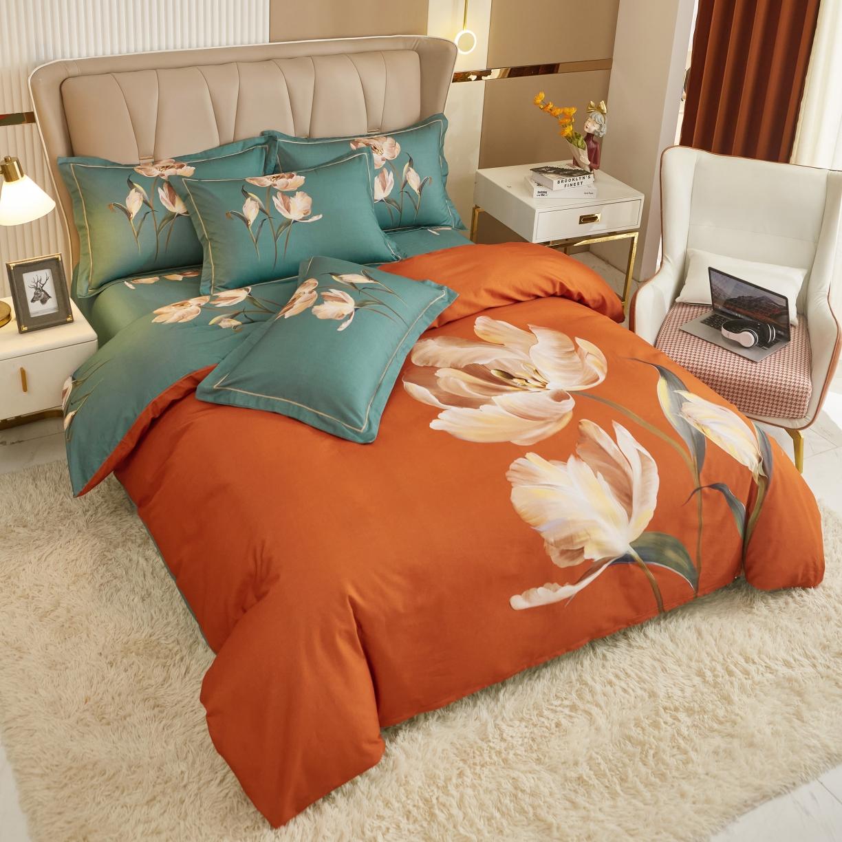 91家纺网 家纺一手货源 找家纺 雲归梦 2022年新款加厚全棉大版四件套第二批-花卉 一笑倾城-桔