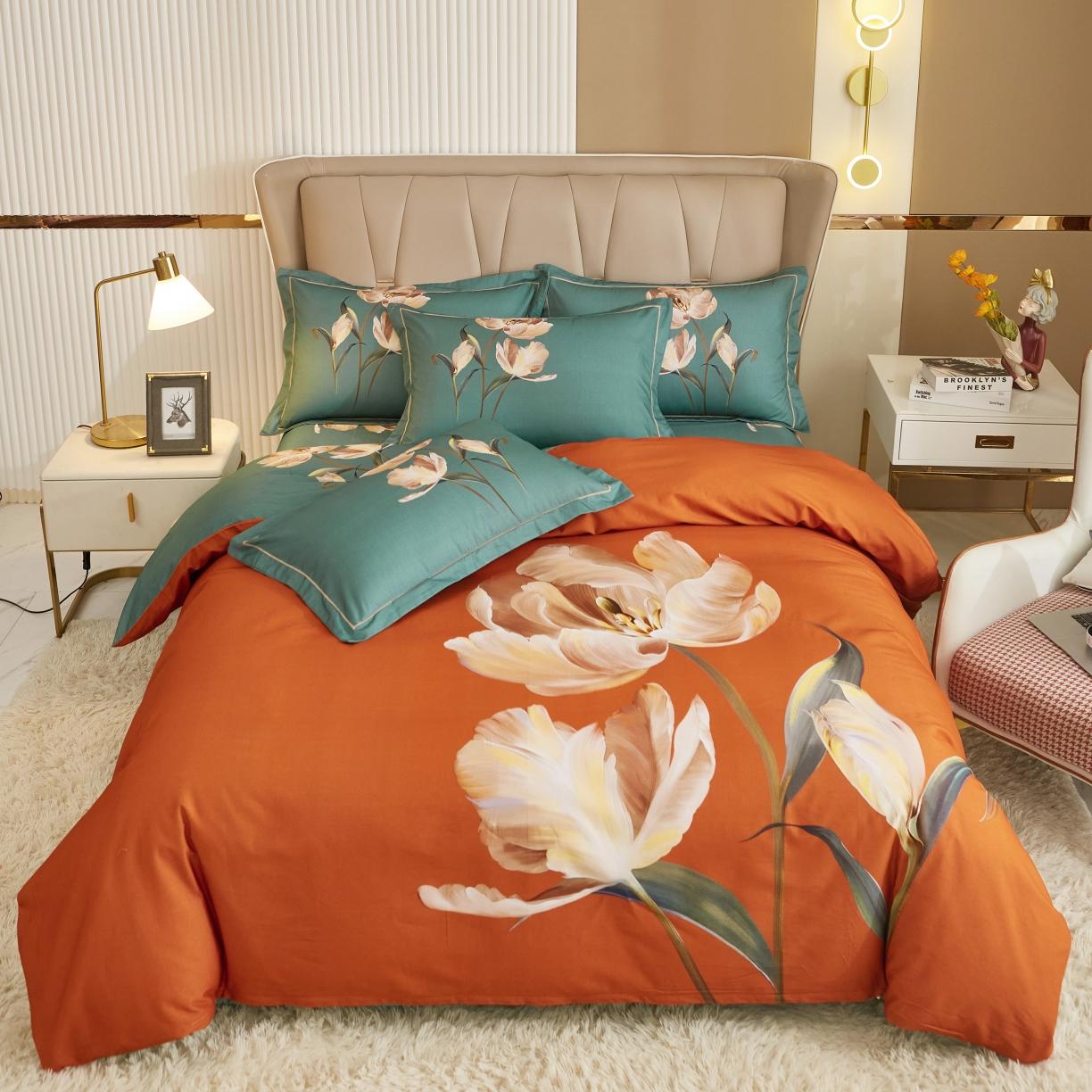 91家纺网 家纺一手货源 找家纺 雲归梦 2022年新款加厚全棉大版四件套第二批-花卉 一笑倾城-桔