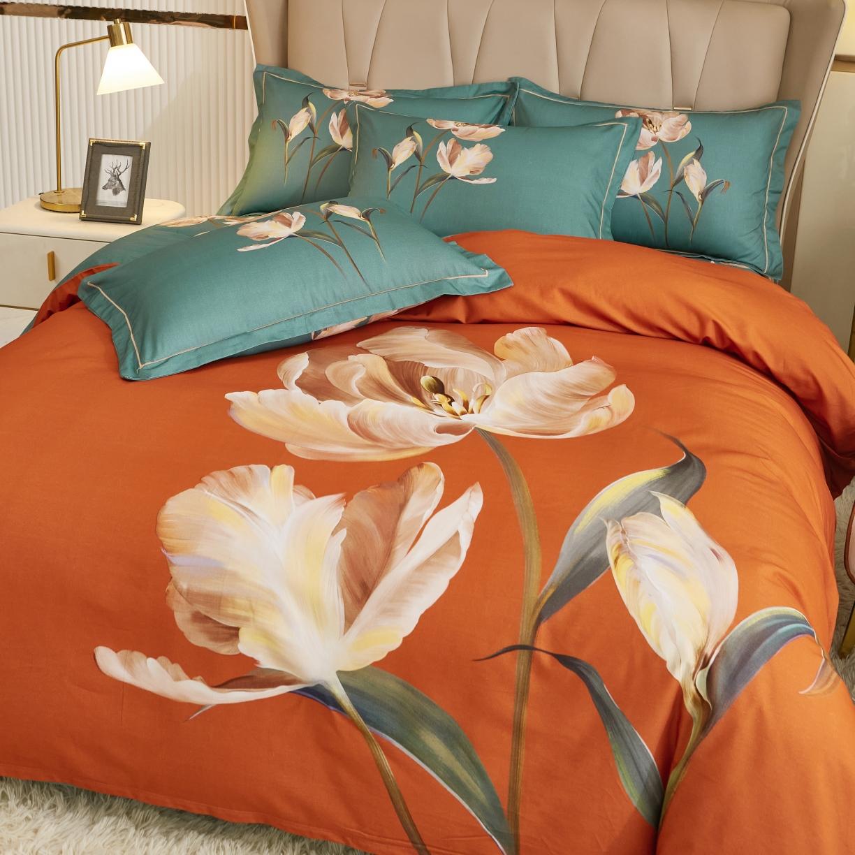 91家纺网 家纺一手货源 找家纺 雲归梦 2022年新款加厚全棉大版四件套第二批-花卉 一笑倾城-桔